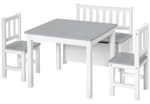 HOMCOM Set Mobilier pentru Copii 4 Piese, Masă, 2 Scaune, Bancă Depozitare, Lemn Multifuncțional, Alb și Gri | Aosom Romania