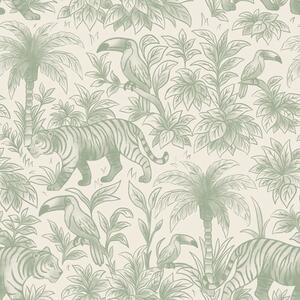 Tapet Tigri și păsări tropicale printre palmieri pe un fundal deschis, Tapet pădure, a00711 : Uwalls.ro