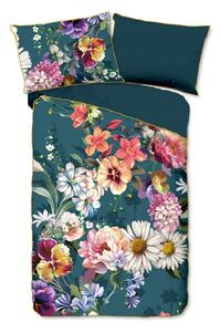 Lenjerie de pat din bumbac organic pentru pat de o persoană Descanso Sunflower, 140 x 220 cm, albastru petrol