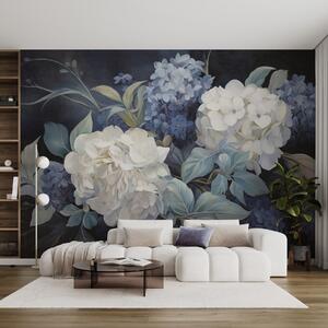 Tapet Pictură texturată în albastru închis, imitație de flori de hortensie cu frunze mari, fundal abstract și, Fototapet Flori, w09465v1 : Uwalls.ro