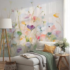 Tapet Câmp abstract de flori colorate cu tulpini lungi și frunze verzi, texturate, în culori pastelate, deschise, Fototapet Flori, w09466 : Uwalls.ro