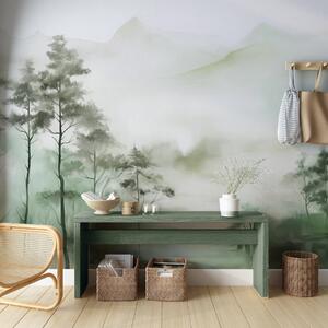 Tapet Peisaj încețoșat cu copaci înalți și munți în tonuri discrete de verde și gri, stil minimalist, texturat, Fototapet Natură, w09469 : Uwalls.ro