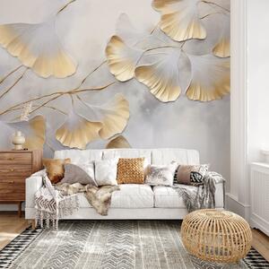 Tapet Frunze de Ginkgo biloba cu margini galbene pe o ramură, fundal texturat gri, design elegant și minimalist, Fototapet Natură, w09472 : Uwalls.ro