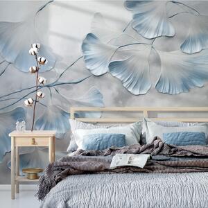 Tapet Frunze de Ginkgo biloba cu margini albastre pe o ramură, fundal texturat gri, design elegant și, Fototapet Natură, w09472v1 : Uwalls.ro