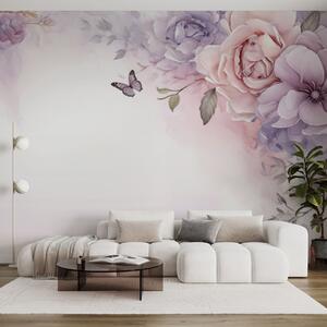 Tapet Flori delicate de culoare roz și liliac cu un fluture, Fototapet Flori, w04711 : Uwalls.ro
