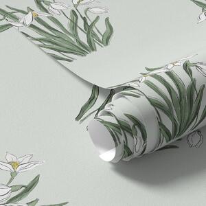 Tapet Ghiocei cu frunze verzi pe un fundal verde pastelat, Tapet flori, a00651 : Uwalls.ro
