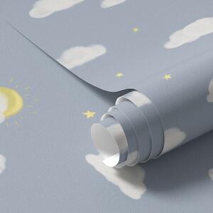 Tapet Nori moi, stele și soare pe un fundal albastru, Tapet pentru copii, a00652 : Uwalls.ro