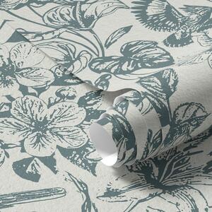 Tapet Ornament floral monocrom cu păsări, Tapet flori, a00737 : Uwalls.ro