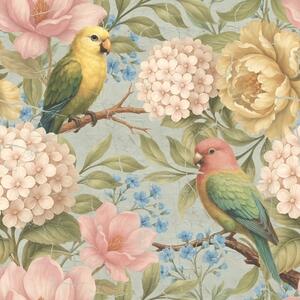 Tapet Papagali printre bujori, hortensii și magnolii, Tapet flori, a00747 : Uwalls.ro