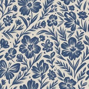 Tapet Ornament floral albastru cu fluturi, Tapet flori, a00758 : Uwalls.ro