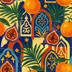 Tapet Portocale strălucitoare, frunze de palmier și arcade marocane, Tapet Provence, a00767 : Uwalls.ro
