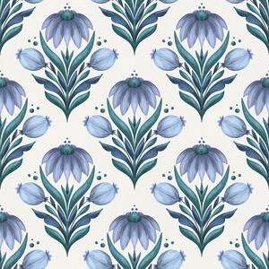 Tapet Ornament floral simetric în nuanțe albastru-alb, Tapet flori, a00812v2 : Uwalls.ro