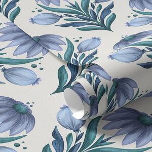 Tapet Ornament floral simetric în nuanțe albastru-alb, Tapet flori, a00812v2 : Uwalls.ro