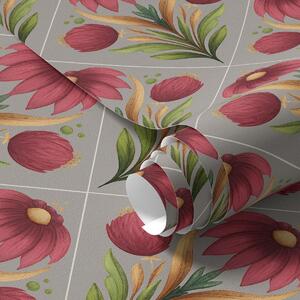 Tapet Ornament floral simetric pe fond gri cu diagonale, Tapet flori, a00869 : Uwalls.ro