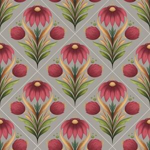 Tapet Ornament floral simetric pe fond gri cu diagonale, Tapet flori, a00869 : Uwalls.ro