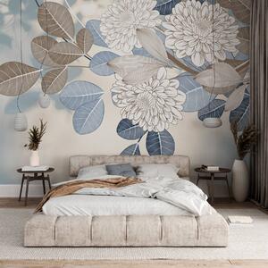 Tapet Flori albe cu frunze albastre și maro, fundal texturat albastru deschis, aranjament floral, desen detaliat, Fototapet Modern, w09496 : Uwalls.ro