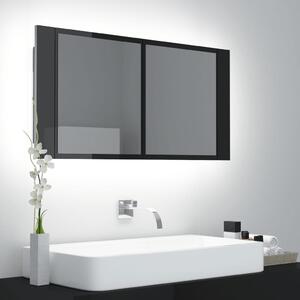 Dulap de baie cu oglindă și LED, negru extralucios, 90x12x45 cm