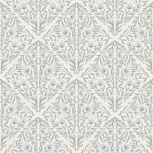 Tapet Lacy trage pe fond alb-crem cu contur turcoaz, Tapet flori, a00815v4 : Uwalls.ro
