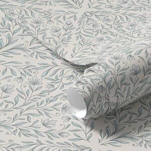 Tapet Lacy trage pe fond alb-crem cu contur turcoaz, Tapet flori, a00815v4 : Uwalls.ro