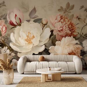 Tapet Bujori și crizanteme delicate în nuanțe pastelate, Fototapet Flori, w09350 : Uwalls.ro