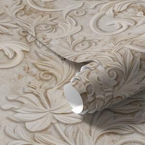 Tapet Relief din piatră cu volute florale, bej vintage, Tapet flori, a00784 : Uwalls.ro