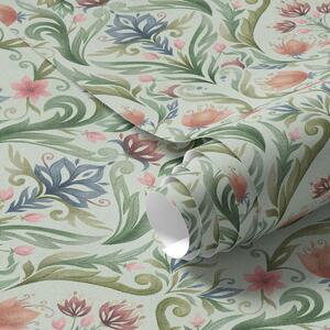 Tapet Ornament floral simetric, paletă de culori mentă-crem, Tapet flori, a00827v1 : Uwalls.ro