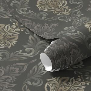 Tapet Damasc pe fond grafit închis, accente de ocru măslin, Tapet stil oriental, a00828v5 : Uwalls.ro