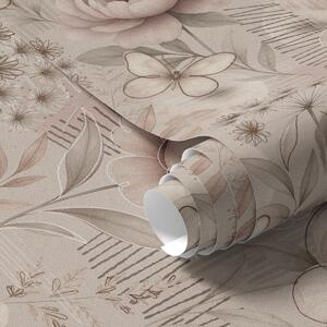 Tapet Florale bej sepia cu accente de fluturi și linii, Tapet flori, a00870 : Uwalls.ro