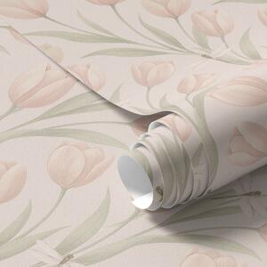 Tapet Lalele pastelate cu libelule pe fond roz, Tapet flori, a00876 : Uwalls.ro