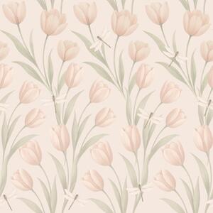 Tapet Lalele pastelate cu libelule pe fond roz, Tapet flori, a00876 : Uwalls.ro