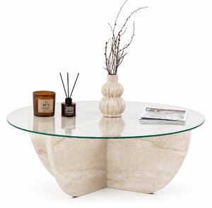 Masuta cafea LIYA, bej cu efect de piatra travertin, sticla/PAL, 90x90