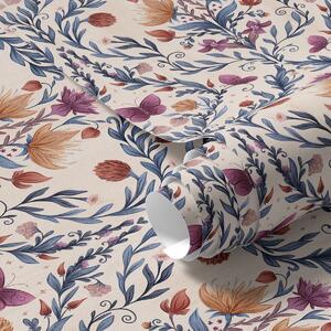 Tapet Damasc floral cu fluturi pe fundal moale de culoarea piersicii, Tapet flori, a00926 : Uwalls.ro