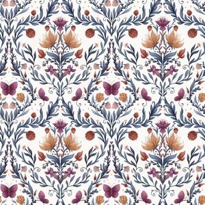 Tapet Damasc floral cu fluturi pe fond crem cald, Tapet flori, a00926v2 : Uwalls.ro