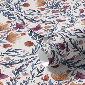 Tapet Damasc floral cu fluturi pe fond crem cald, Tapet flori, a00926v2 : Uwalls.ro