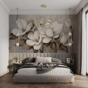 Tapet Flori mari de magnolie cu frunze de culoare gri-maro pe fundal periat, Fototapet Flori, w04785 : Uwalls.ro