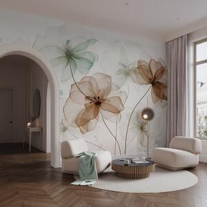 Tapet Flori translucide cu petale maro și verzi, tulpini lungi, fundal deschis, culori delicate, design floral, Fototapet Flori, w09529 : Uwalls.ro