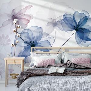 Tapet Flori translucide cu petale albastre și roz discrete, tulpini lungi, fundal deschis, culori delicate,, Fototapet Flori, w09529v1 : Uwalls.ro