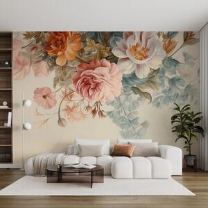 Tapet Aranjament floral vintage cu trandafiri, bujori și alte flori texturate cu frunziș, pe un fundal deschis, Fototapet Flori, w09532 : Uwalls.ro