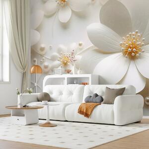 Tapet Flori albe cu perle împrăștiate pe un fundal alb, design elegant și minimalist, texturat, Fototapet Flori, w09535 : Uwalls.ro