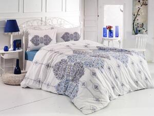Lenjerie de pat cu 4 Piese pentru pat dublu, Bumbac Ranforce , Imprimeu , alb/albastru