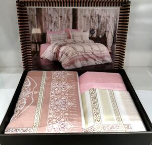 Lenjerie de pat cu 4 Piese pentru pat dublu, Bumbac Ranforce , Imprimeu dungi roz/maro