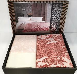 Lenjerie de pat cu 4 Piese pentru pat dublu, Bumbac Ranforce , Imprimeu floral, caramiziu/bej