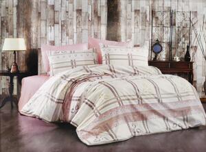 Lenjerie de pat cu 4 Piese pentru pat dublu, Bumbac Ranforce , Imprimeu dungi roz/maro