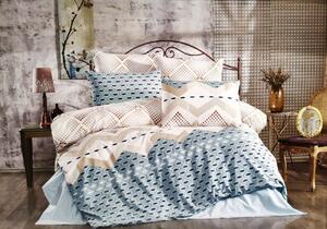 Lenjerie de pat cu 4 Piese pentru pat dublu, Bumbac Ranforce , Imprimeu geometric cream/albastru