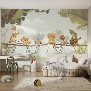 Tapet Animale cu instrumente muzicale pe fundalul unui peisaj tropical, Fototapet Pentru Copii, w04505v1 : Uwalls.ro
