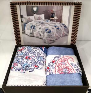 Lenjerie de pat cu 4 Piese pentru pat dublu, Bumbac Ranforce , Imprimeu elegant alb/albastru