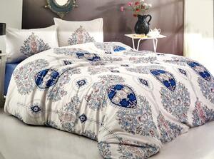 Lenjerie de pat cu 4 Piese pentru pat dublu, Bumbac Ranforce , Imprimeu elegant alb/albastru