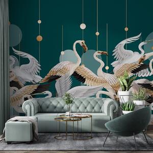 Tapet Un stol de flamingo albi cu aripi delicate, pe un fundal verde-albastru închis cu linii și cercuri, Fototapet Natură, w09546 : Uwalls.ro