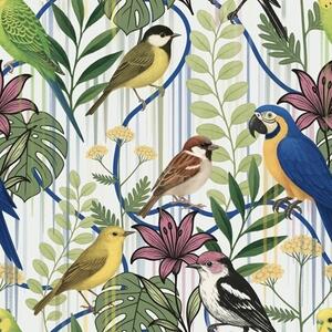Tapet Păsări exotice strălucitoare printre vegetația tropicală, Tapet animale, Tapet păsări, a00887 : Uwalls.ro