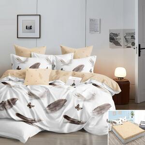 Lenjerie de pat, 1 persoană, finet, 160x200cm, cu elastic, 4 piese, alb si crem, cu pene, LP622